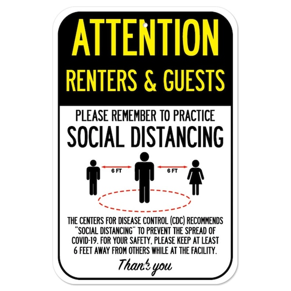 Public Safety Sign-Renters & Guests Practice Social Distancing, Heavy-Gauge, 12" H, A-1218-25402